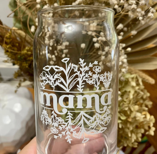 Mama Floral Can Glass with Lid & Straw