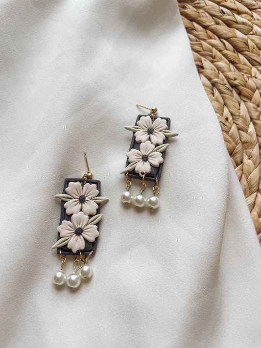 Navy Spring Floral Earrings with Pearls