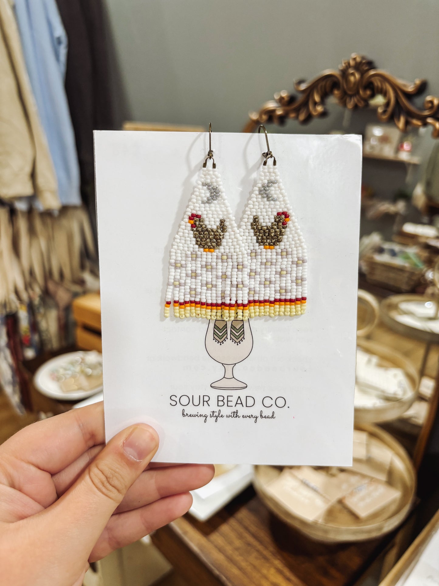 Hand-Beaded Moon Brown Chicken Earrings I Sour Bead Co