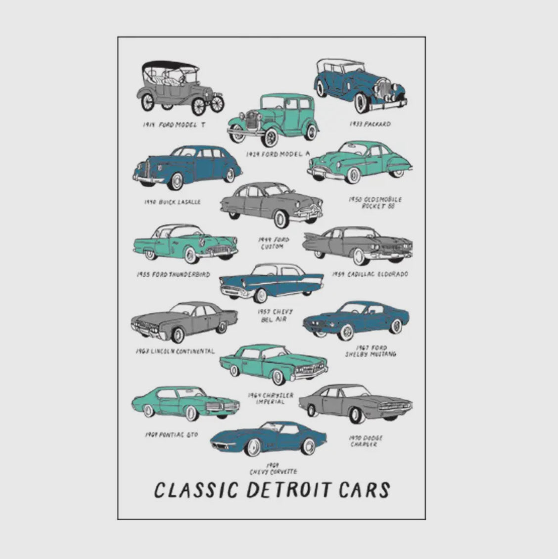 Classic Detroit Cars Linen Postcard