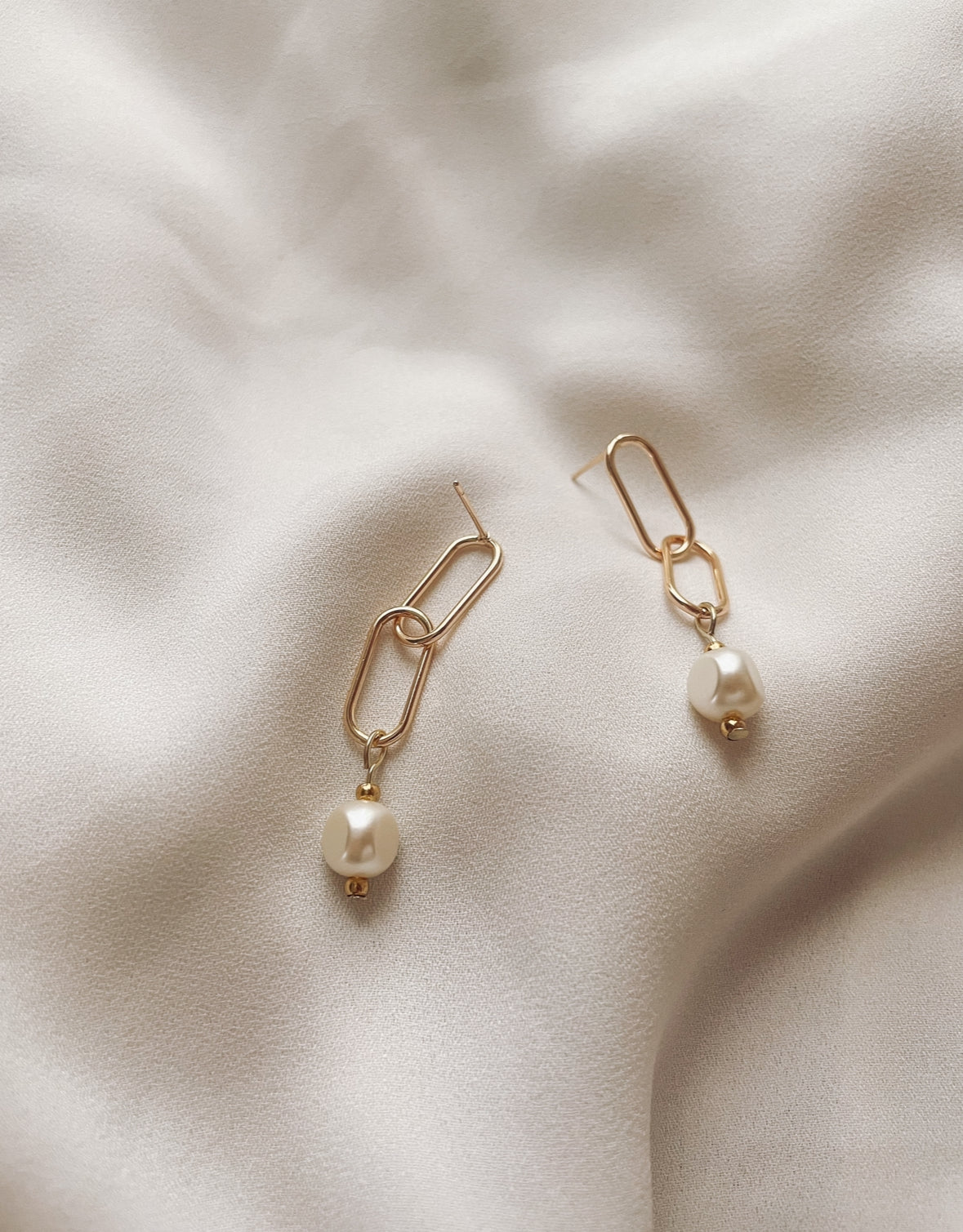 Gold “Paperclip” Earrings with Pearls