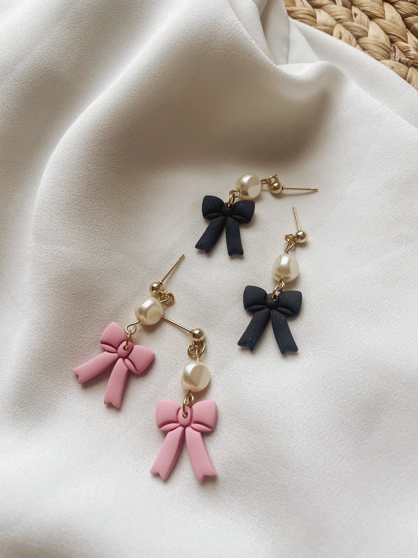 Pink Bow Earrings with Pearls