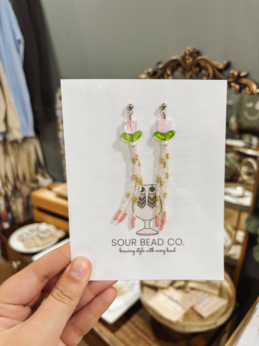 Hand-Beaded Tulip Stud Earrings with Tassel I Sour Bead Co