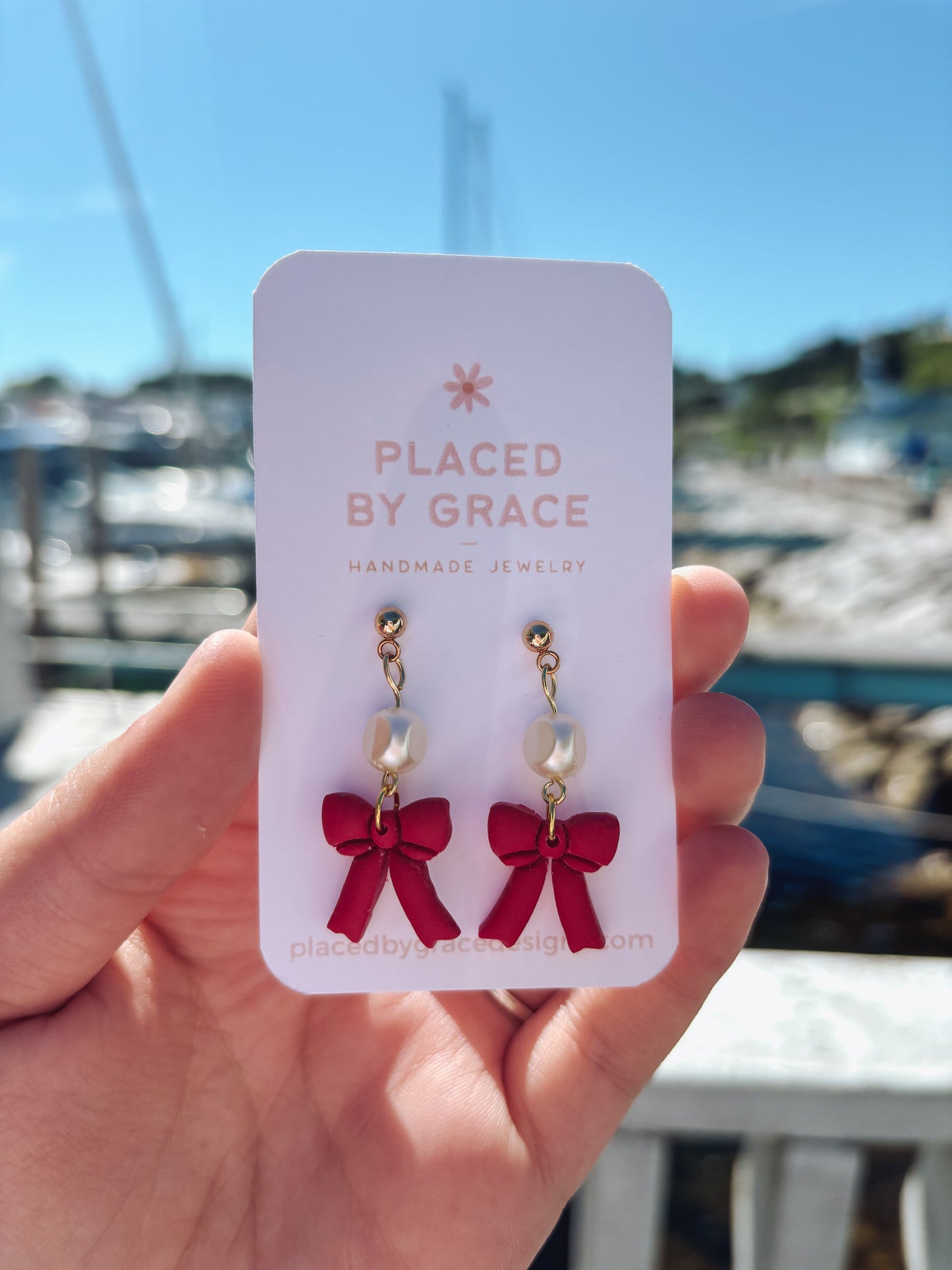 Red Bow Earrings with Pearls