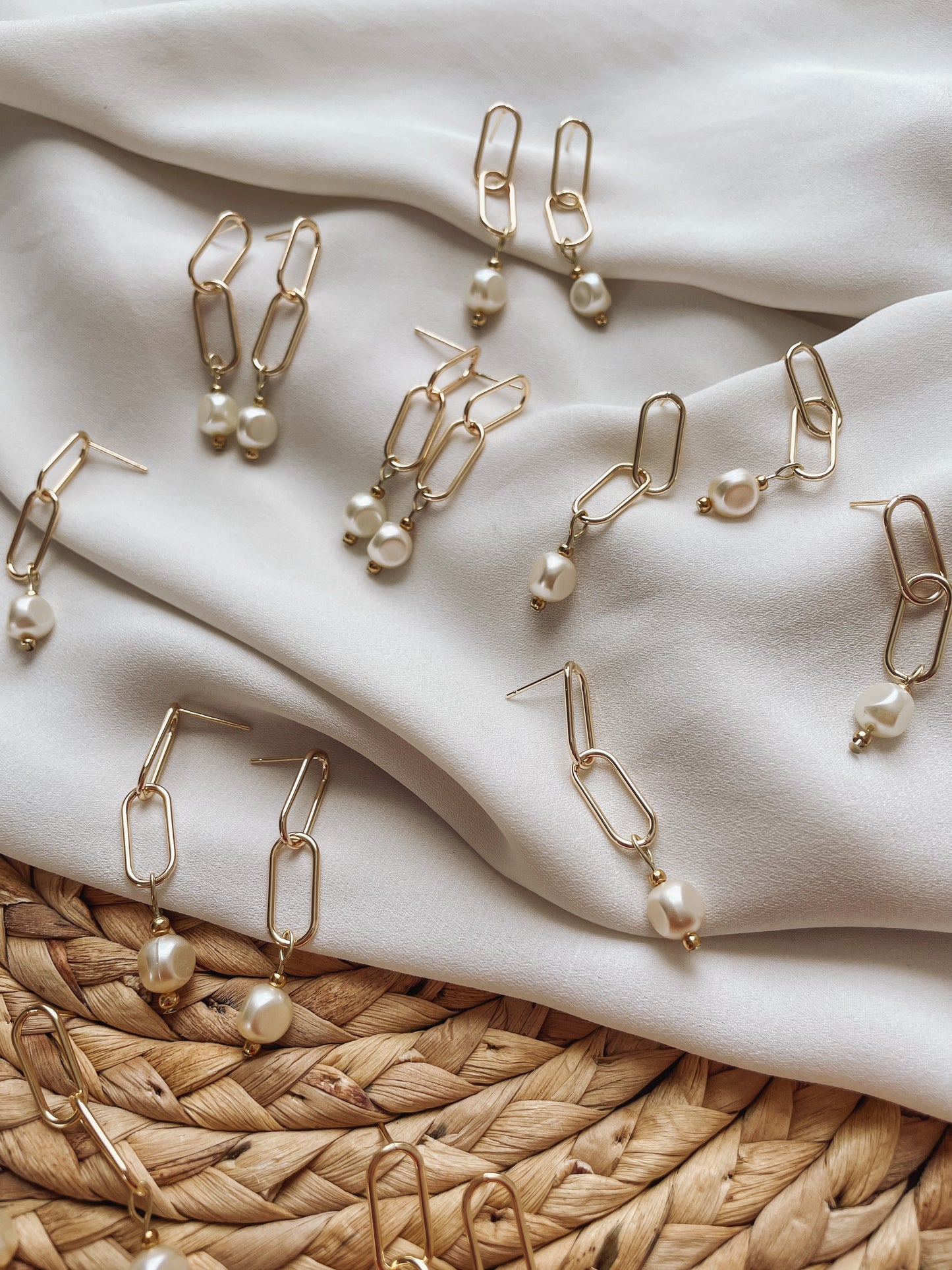 Gold Paperclip-Inspired Earrings with Pearls