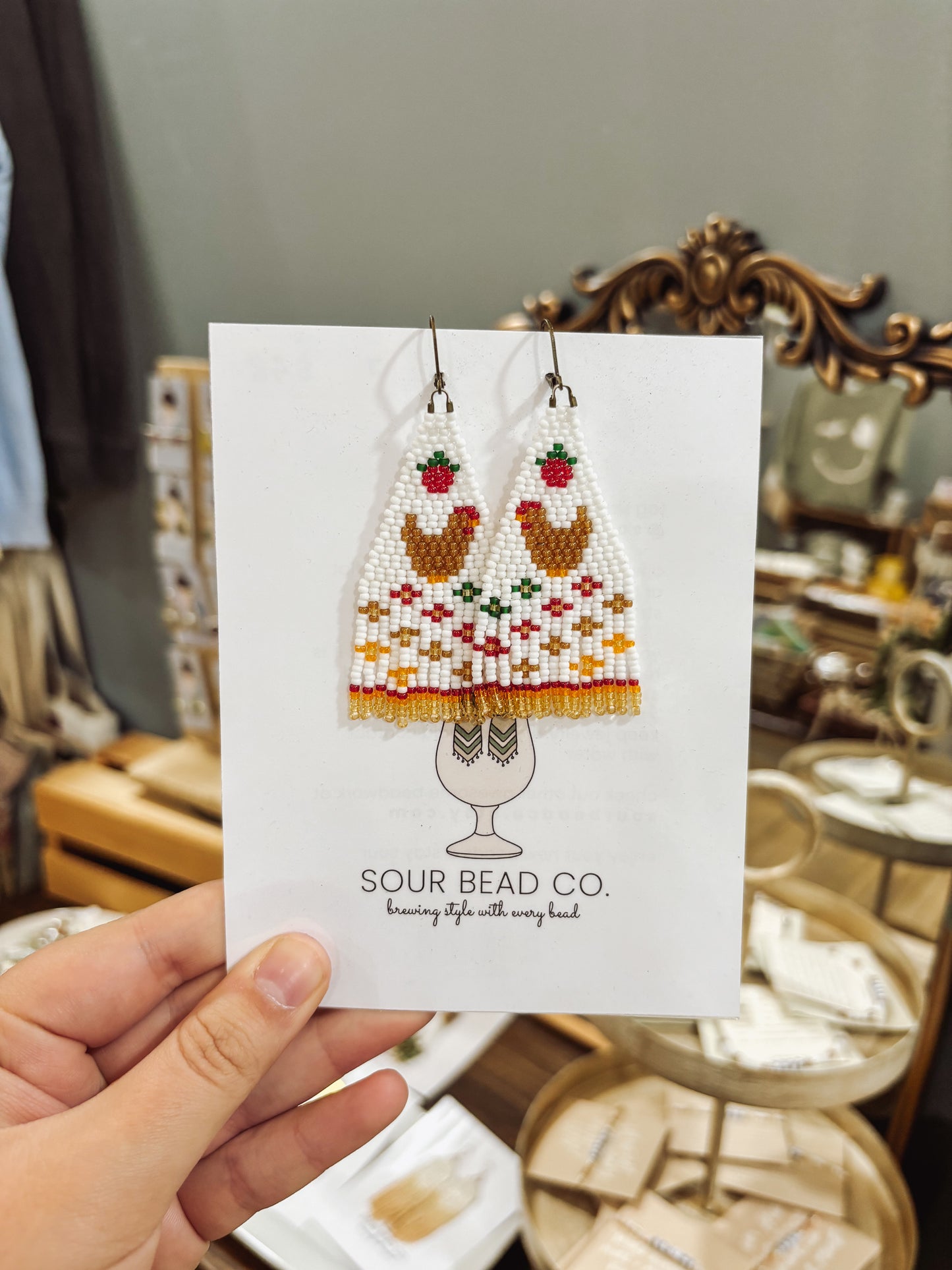 Hand-Beaded Strawberry Brown Chicken Earrings I Sour Bead Co