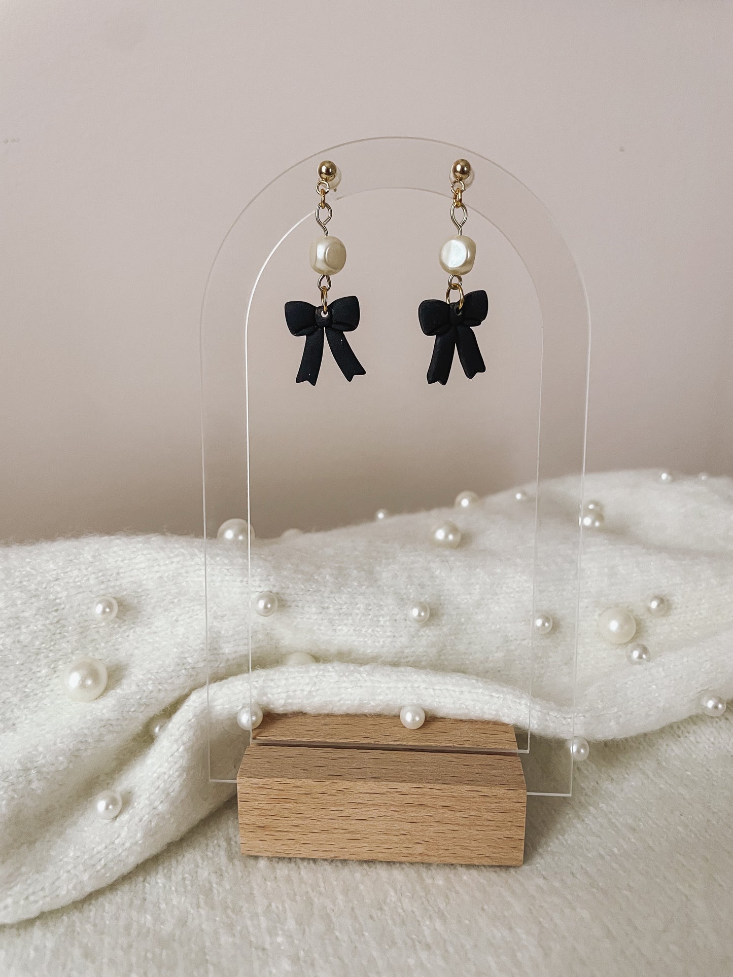 Black Bow Earrings with Pearls