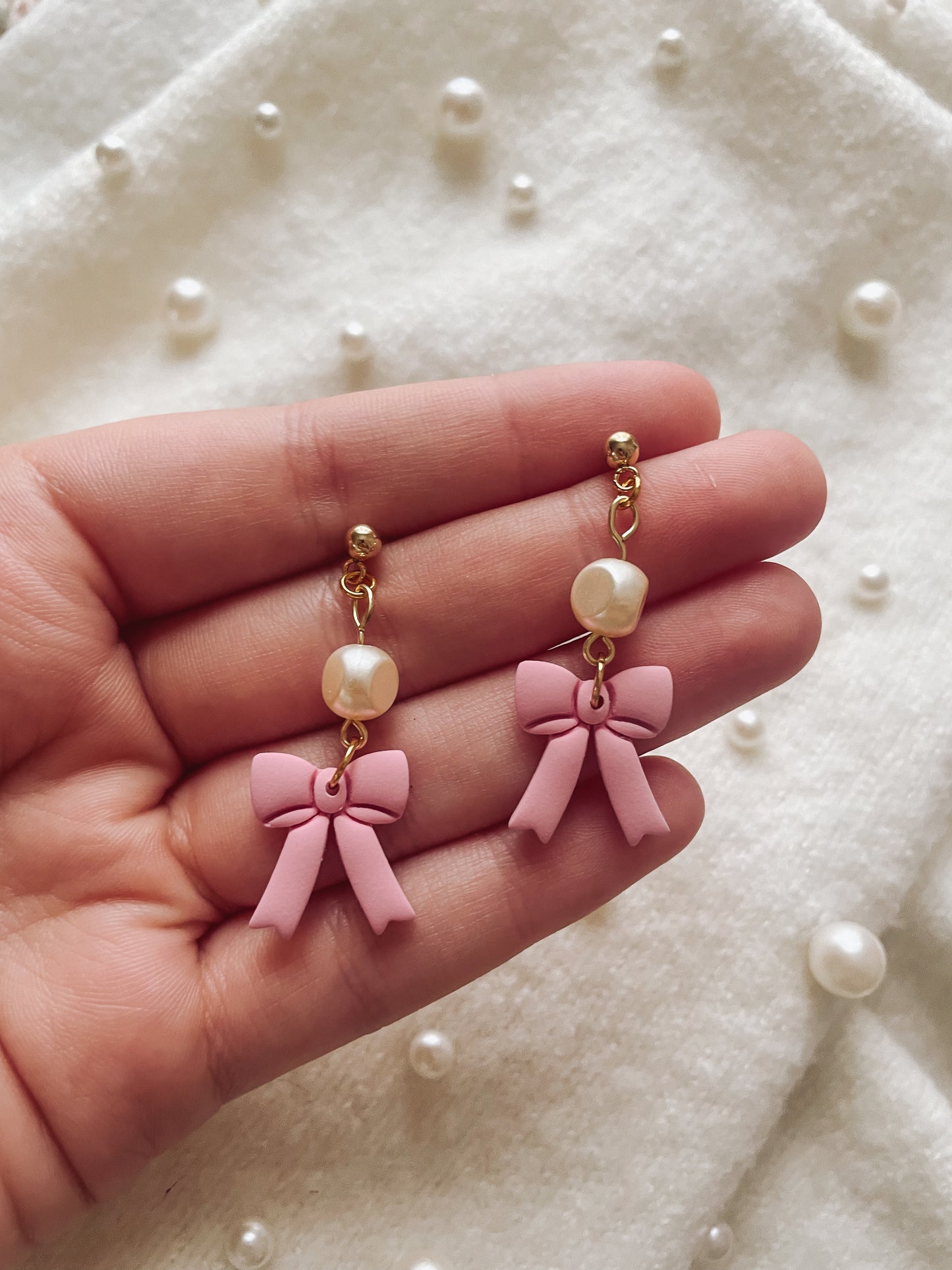 Pink Bow Earrings with Pearls