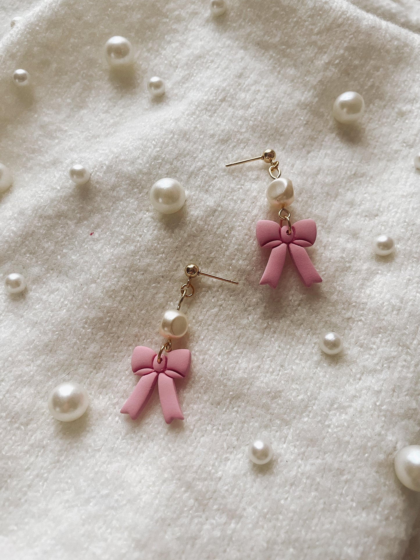 Pink Bow Earrings with Pearls