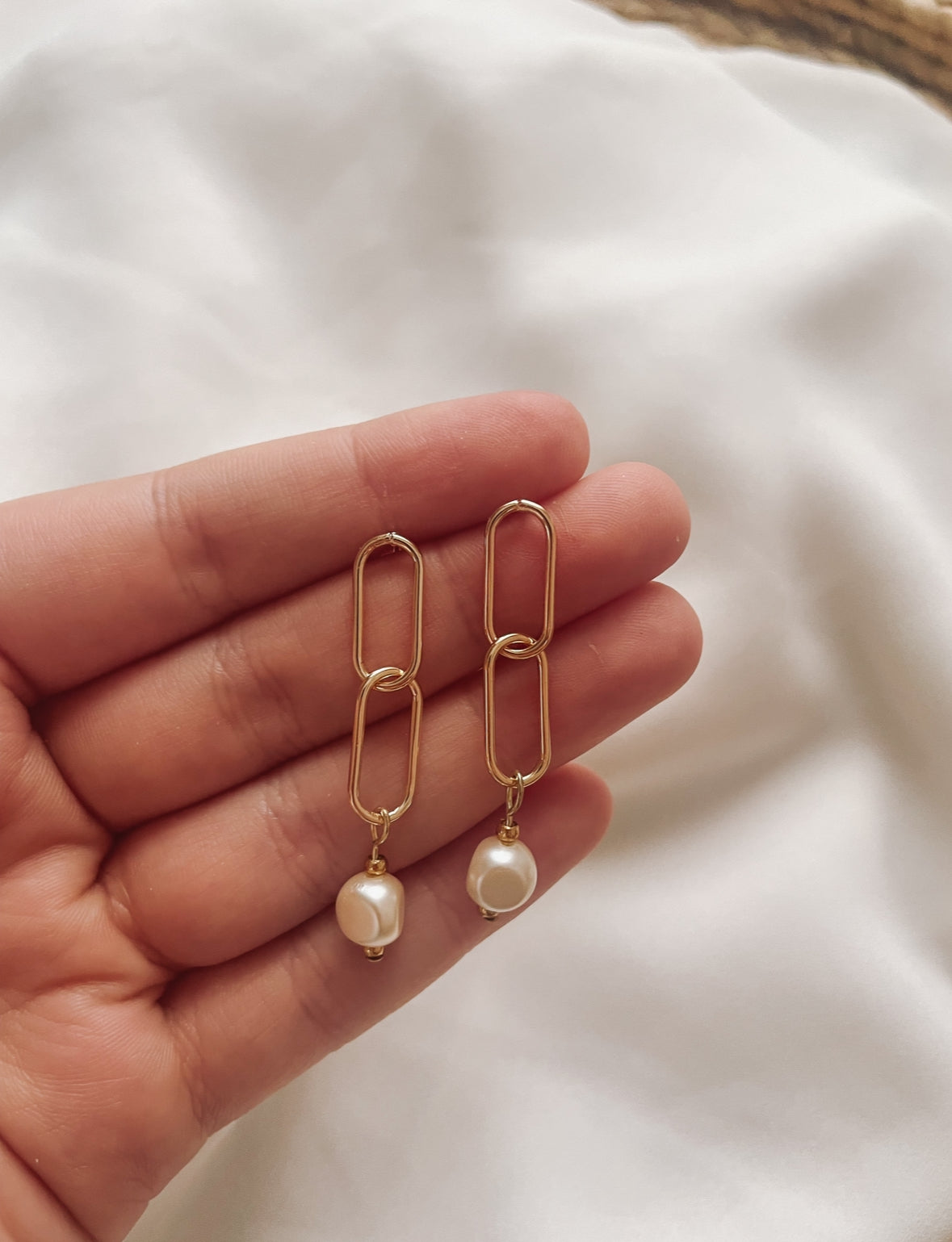 Gold “Paperclip” Earrings with Pearls