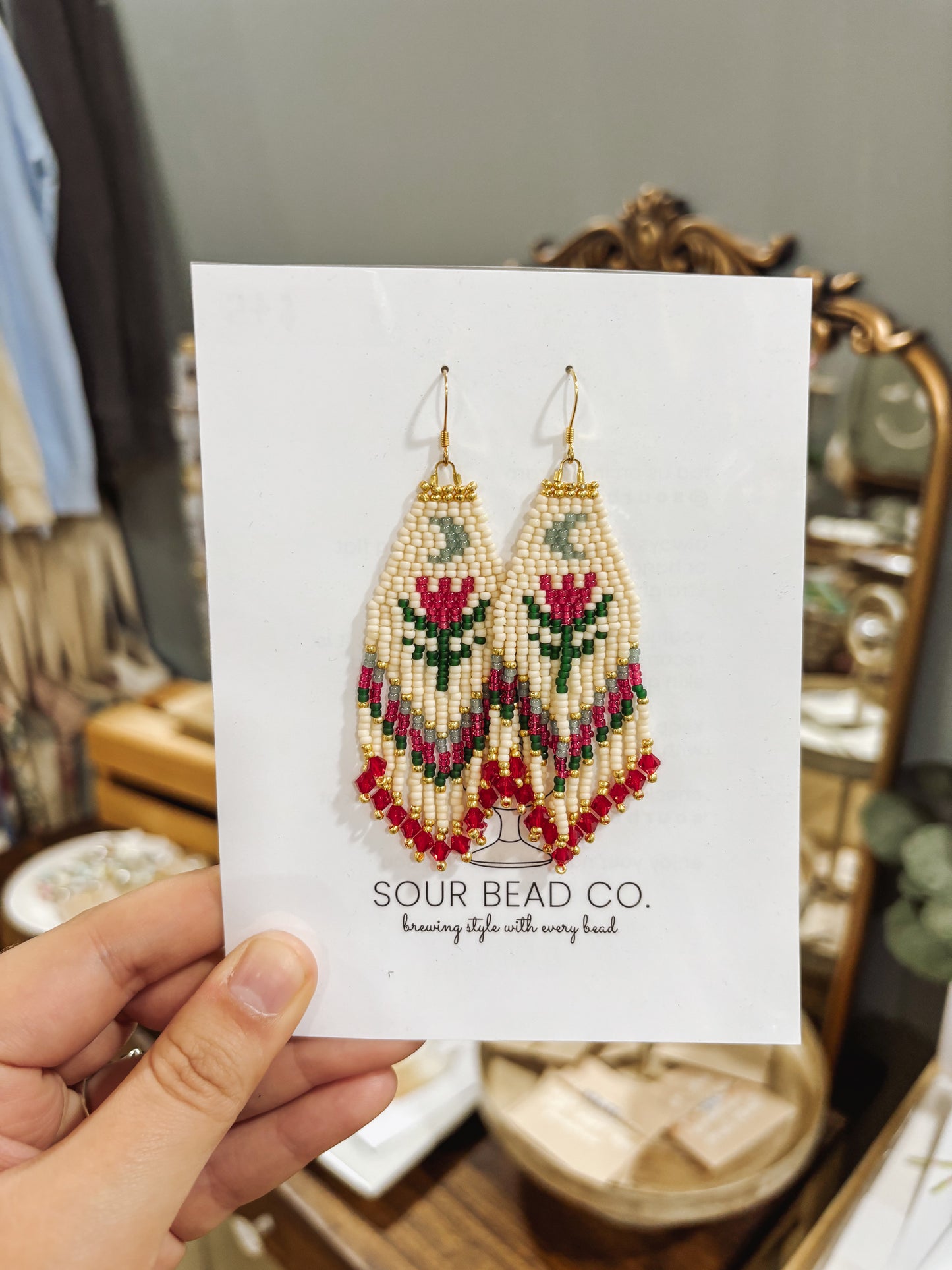 Hand-Beaded Red Tulip Moon Earrings I Sour Bead Co