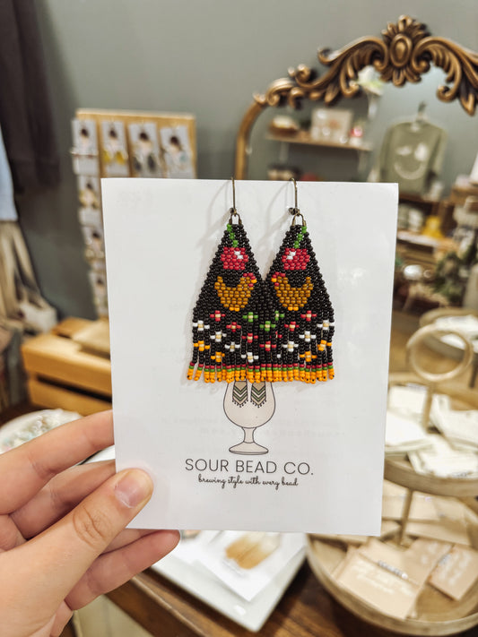 Hand-Beaded Cherry Brown Chicken Earrings I Sour Bead Co