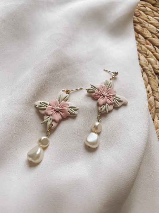 Spring Floral Butterfly Earrings with Pearls
