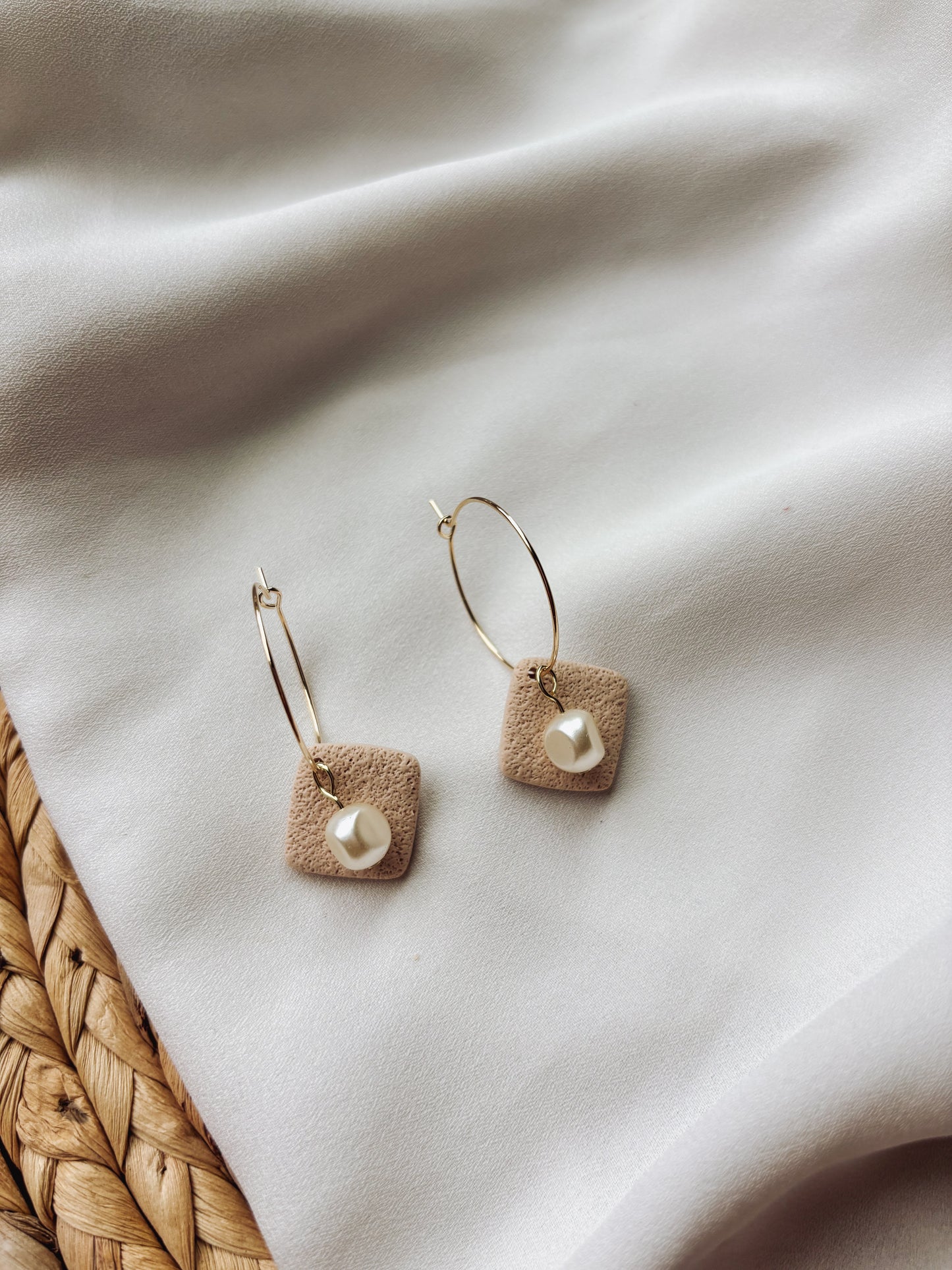 Cream Clay Hoops with Pearls