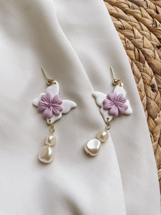 Lilac Butterfly Earrings with Pearls