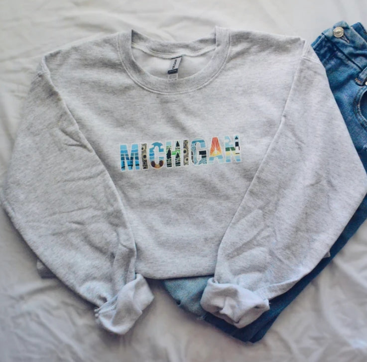 Grey Michigan Lover Crewneck I Chelsea Anne Co